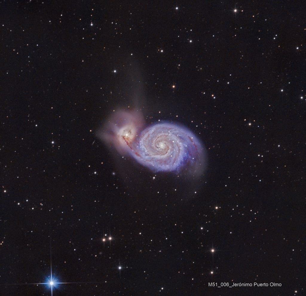 Estupenda foto de la galaxia M51 por parte de <a href="/JeronimoPuerto/">Jerónimo Puerto</a> desde Córdoba.
🔭SW 200/1000
🔭 AZEQ6
📷Zwo Asi 533 MC a -10°, gain 100.
🌌40 tomas de 300", sin filtros.
💻 Deepskystacker y Pixinsight.