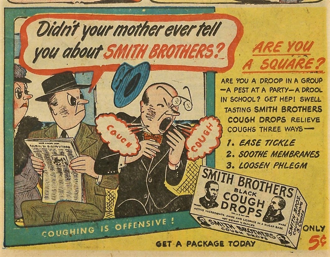 1940年ごろのスミスブラザーズの咳止めドロップの広告 いい大人になのに乗り物 松田洋子の漫画