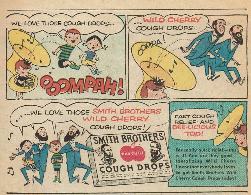 1940年ごろのスミスブラザーズの咳止めドロップの広告。
いい大人になのに乗り物で咳き込んだら、母親に教えてもらわなかったのかって怒られるのつらい。
ファンシー漫画広告の方はのん気でかわいい。
トレードマークが髭のおっちゃん二人っていうのはとてもいい。 