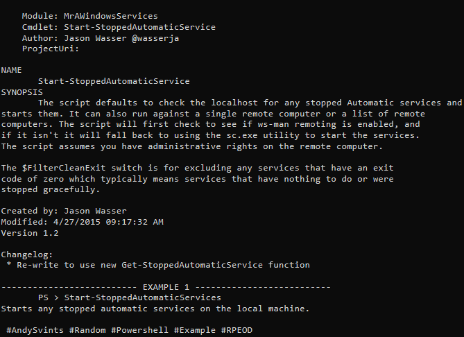 AndySvints's tweet photo. #Module: MrAWindowsServices
#Cmdlet: Start-StoppedAutomaticService
Author: Jason Wasser @wasserja
PS > Start-StoppedAutomaticServices
Starts any stopped automatic services on the local machine.
#AndySvints #Random #Powershell #Example #RPEOD https://t.co/FbqQ3O7xfQ
