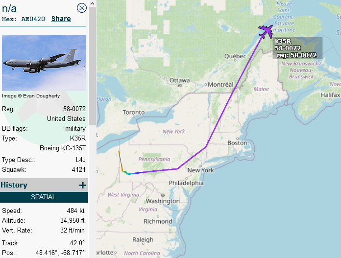 SirListenalot's tweet photo. ~0435z #KC135 #AE0420 58-0072 as #ROMA64 en route Pittsburgh - (likely) Keflavik https://t.co/Sjw7Yq60bu