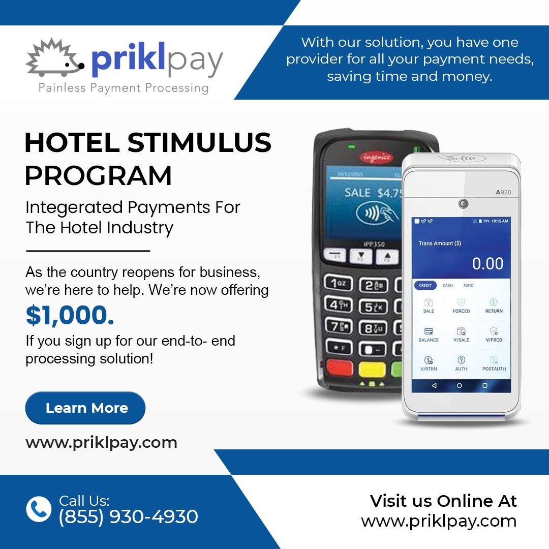 HOTEL STIMULUS PROGRAM!
With PRIKL PAY solution, you have one provider for all your payment needs, saving time and money.
We’re now offering $1,000* if you sign up for our end-to-end processing solution.
#businessowner
#hotel
#stimulus
#restaurant
#MG52