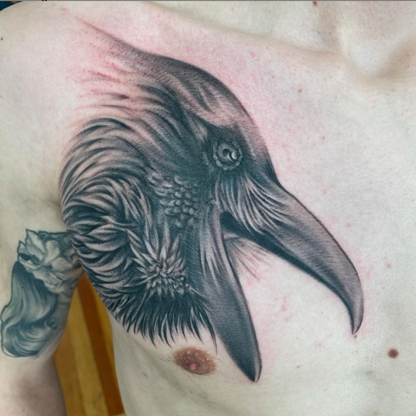 Hey folks, new to this page, I was wondering what you guys think of my crow  chest tattoo. Got it done in Black Pig Tattoos, Bangkok while on vacation.  I'm not too