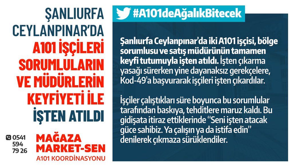 yasarustaportal's tweet photo. Mağaza Market-Sen duyurdu: “Ceylanpınar A101’de işçiler gerekçesiz atıldı” | Urfa Ceylanpınar’da bulunan A101 işçileri, çalıştıkları süre boyunca “Sizi işten atacak güce sahibiz. Ya çalışın ya da istifa edin” denilerek sonrasında Kod-49 ile işten atıldı.
#A101deAğalıkBitecek https://t.co/ttxMzaINWf