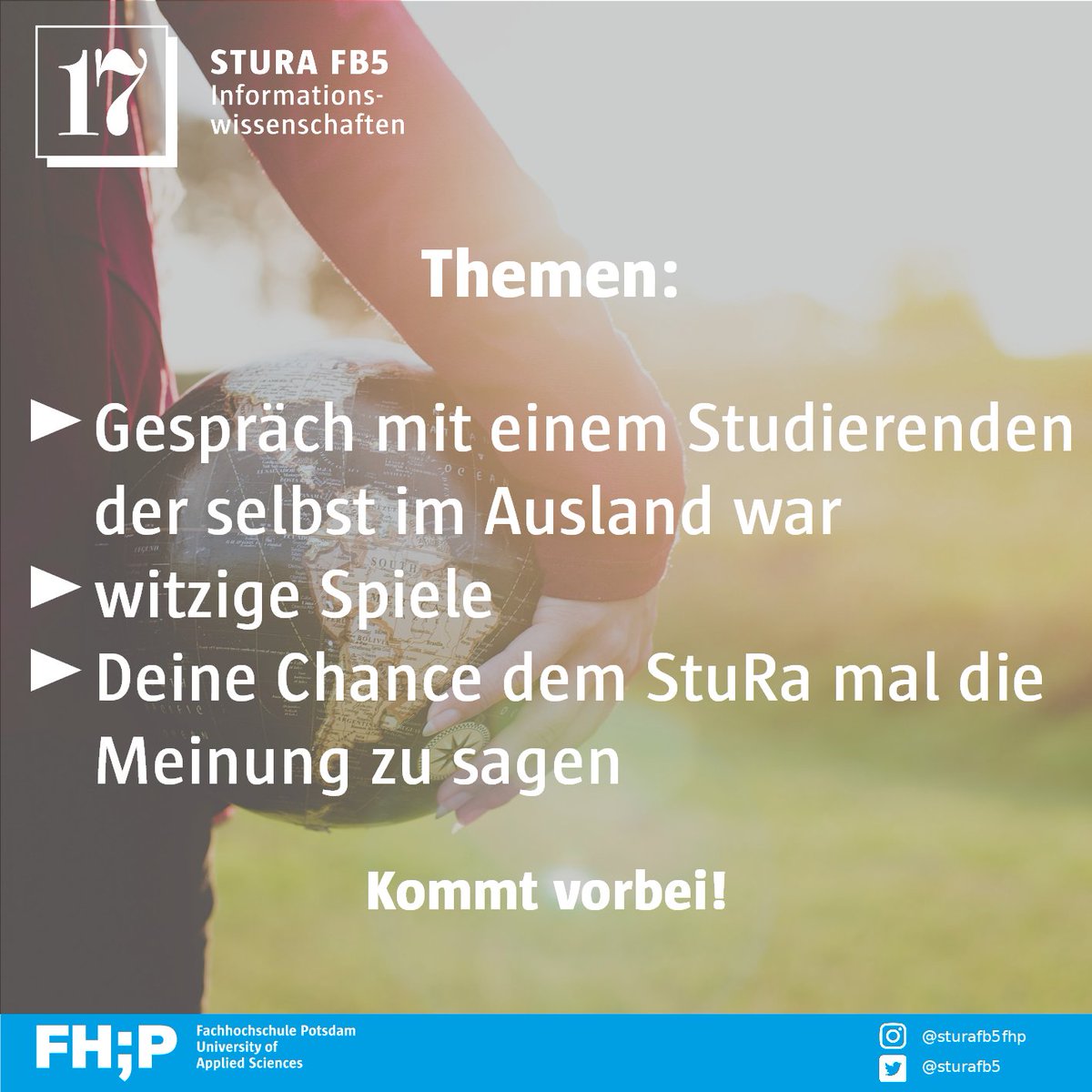 sturafb5's tweet photo. DIGITALER STAMMTISCH
Unser morgiger Stammtisch steht ganz unter dem Motto "Studieren im Ausland".🌍✈ Außerdem hast du bei ein paar entspannten Spielen die Chance uns zu sagen, wie wir uns für dich verbessern können!🤔 Alle Infos zum Stammtisch findet ihr in euren Mails📨 https://t.co/lMagB2SN9G