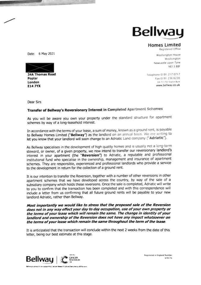 NLC_2019's tweet photo. Bellway are up to their usual tricks exploiting loopholes in legislation to prevent leaseholders 'right of first refusal'. 

Disposal of the 'reversionary' interest to their mates Adriatric / Homeground 🤬🤬

@ApsanaBegumMP -one of your constituents
@CommonsHCLG @team_greenhalgh https://t.co/hpvUxP5W4J