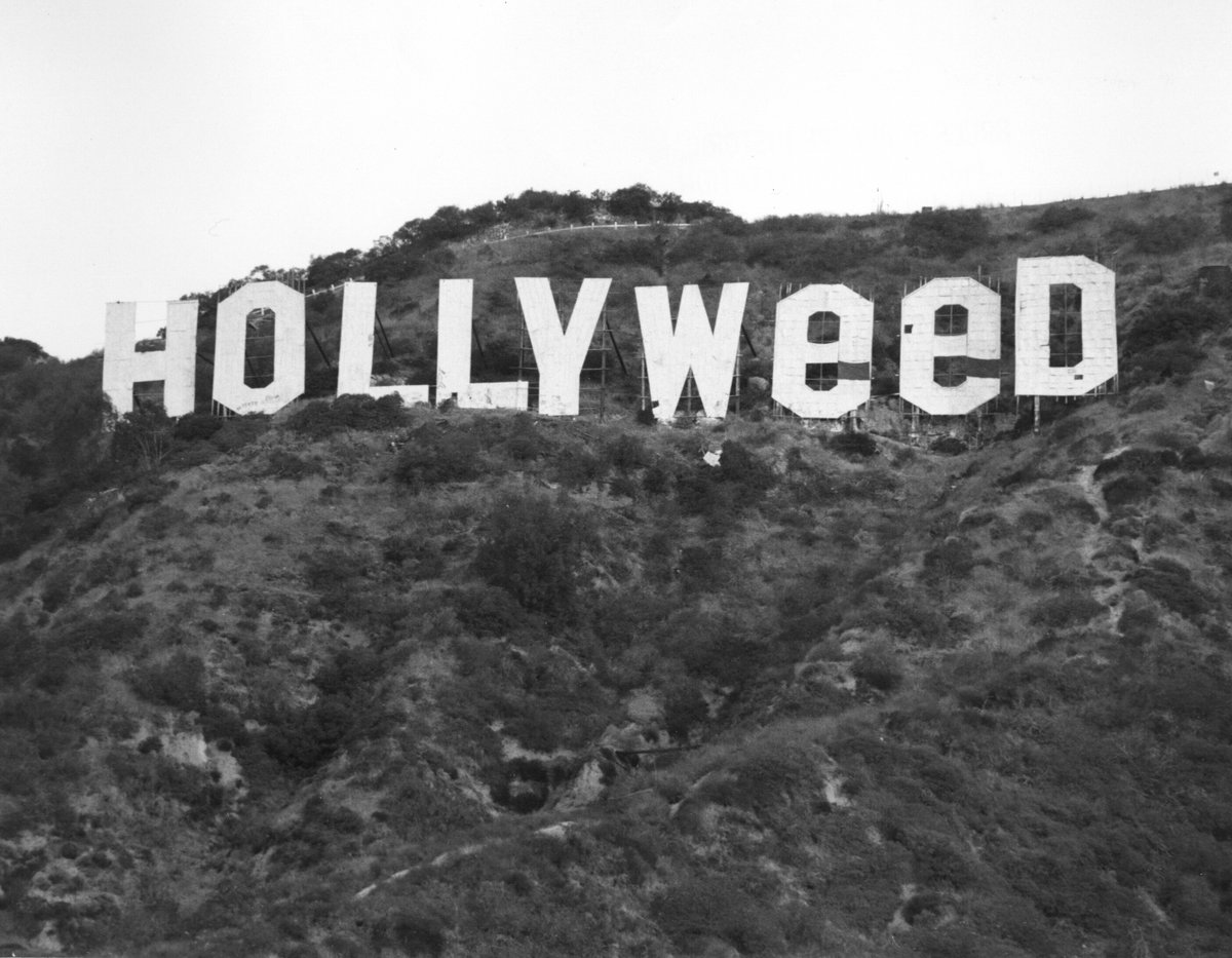 Shine_McShine's tweet photo. Con dos sábanas blancas y dos sábanas negras, un grupo de bormistas modificaron el famoso cartel de Hollywood el día en que el gobierno federal rebajó las restricciones al uso de marihuana.

Los Ángeles, California, 1976. https://t.co/oJIlOz3pqS