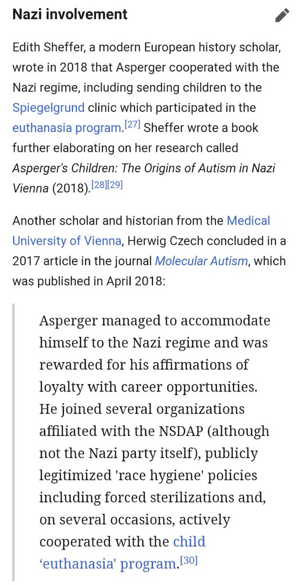 and also yeah, Asperger was a nazi who, while not the inventor of the term as a diagnosis, used this rigid classification to determine which children were and were not worthy of life