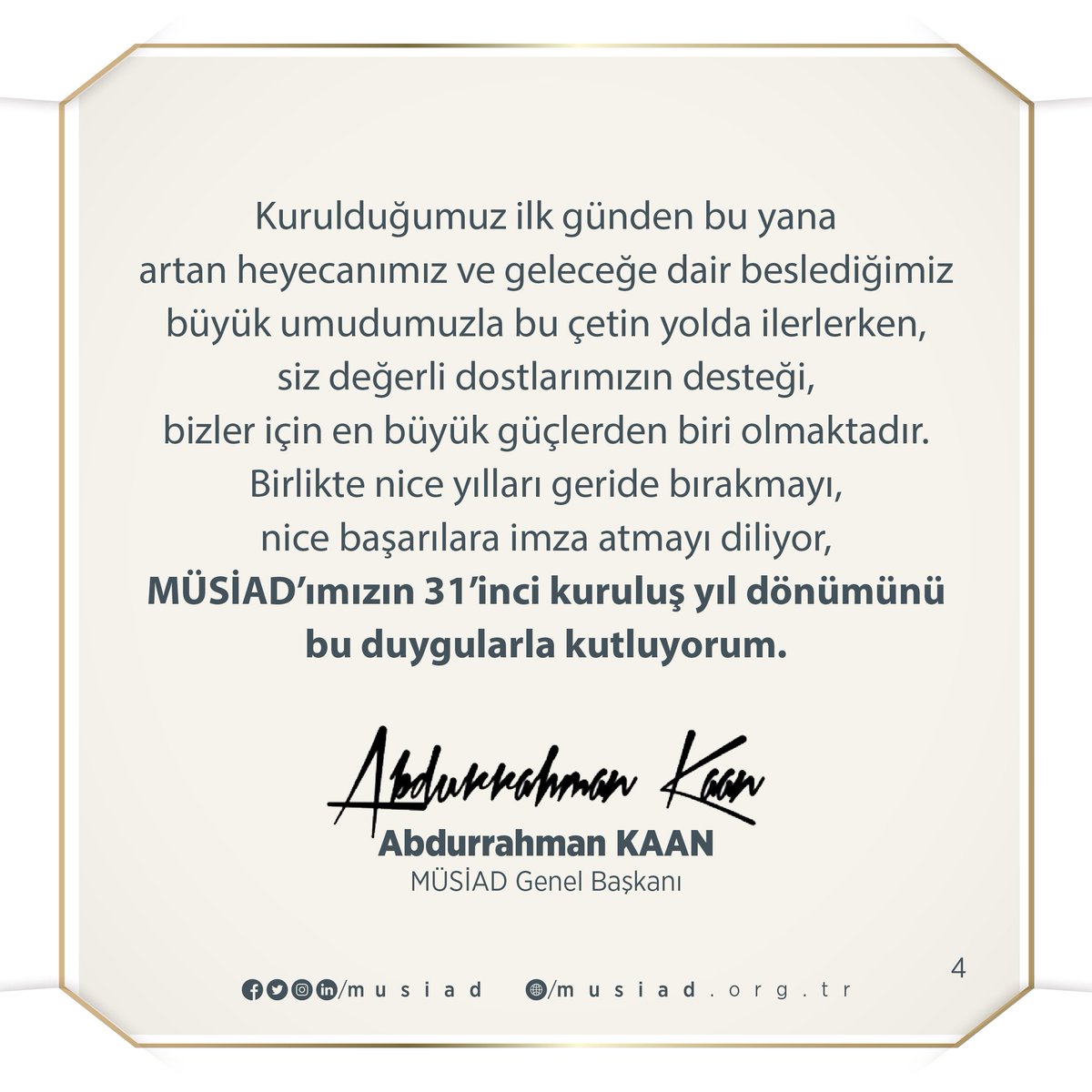 AKaanTR's tweet photo. 1990 yılında İstanbul'da kurulan MÜSİAD bugün Türkiye ve dünyanın 225 noktasında her millet ve dilden üyeleriyle büyümeye devam eden koca bir aile. İlk günden bu yana gayretleriyle ailemizi güçlendiren her bir üyemize teşekkür ediyorum.

Nice on yıllara inşallah.
#MÜSİAD31Yaşında https://t.co/R0y4zMBEsh