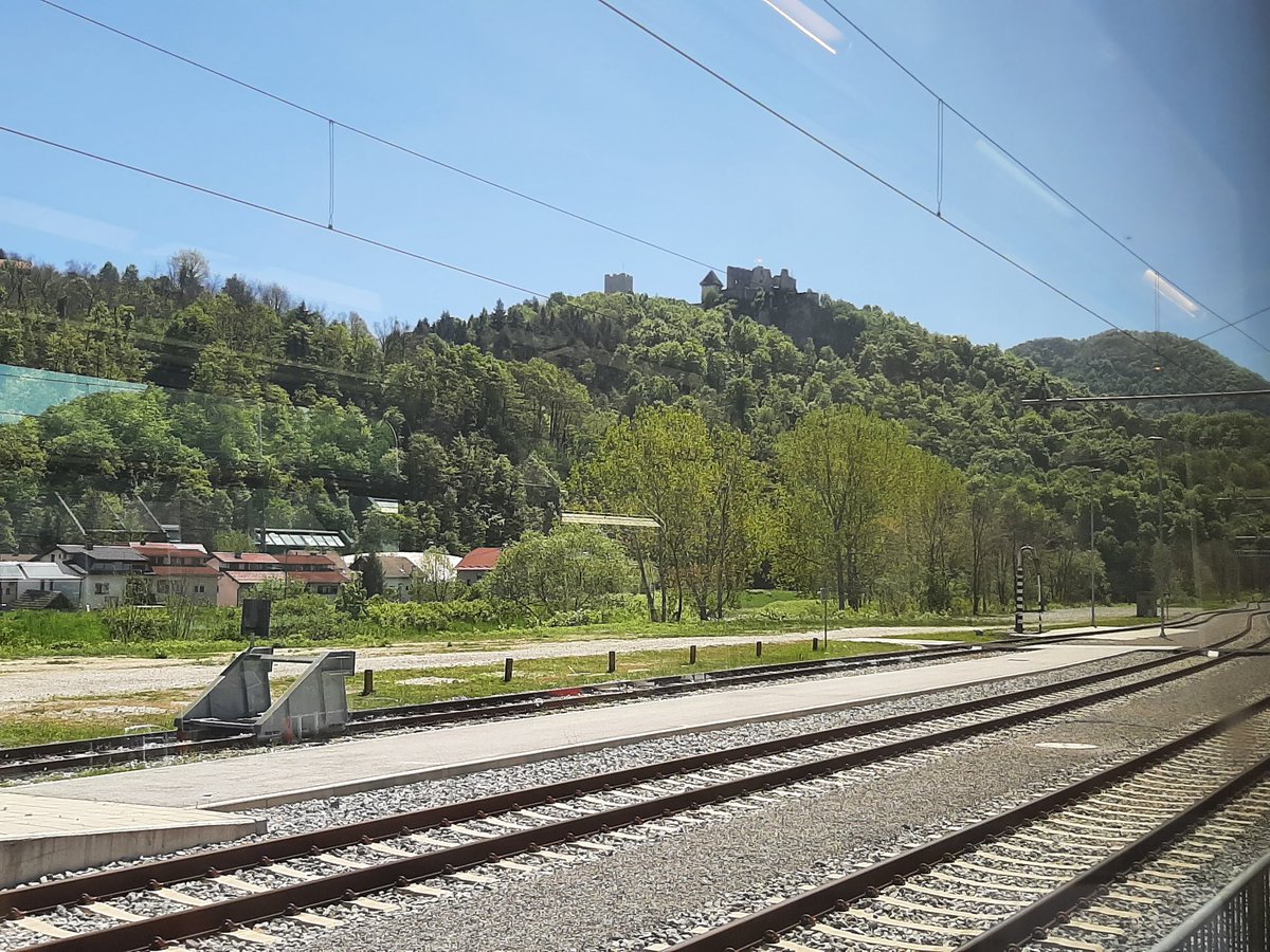 Celje station, with a hilltop castle!