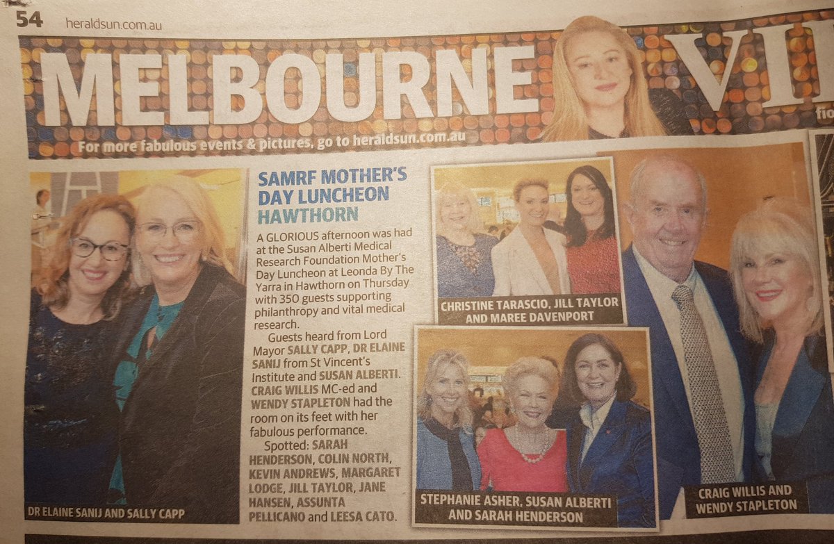 leesacatto's tweet photo. Thanks to the one & only @MsFionaByrne for this excellent piece in today's @theheraldsun featuring @SusanAlberti1 AC's Mother's Day Lunch supporting Women In Research
@SVIResearch
@sallycapp
@SenSHenderson
#samrf https://t.co/JUcTaoj09E