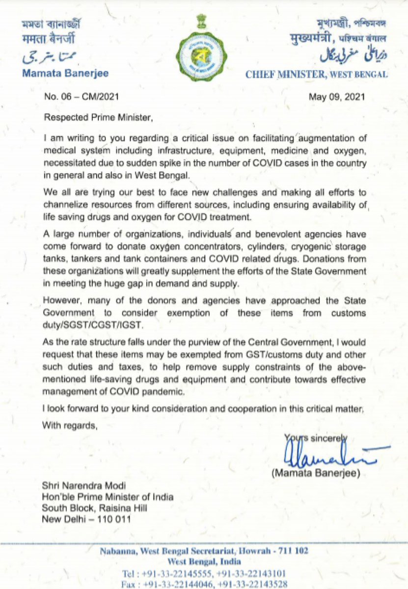 1/ Hon. CM of West Bengal  @MamataOfficial has written to the Hon  @PMOIndia seeking exemption from GST/Customs duty and other duties and taxes on some items and COVID related drugs.My response is given in the following 15 tweets. @ANI  @PIB_India  @PIBKolkata