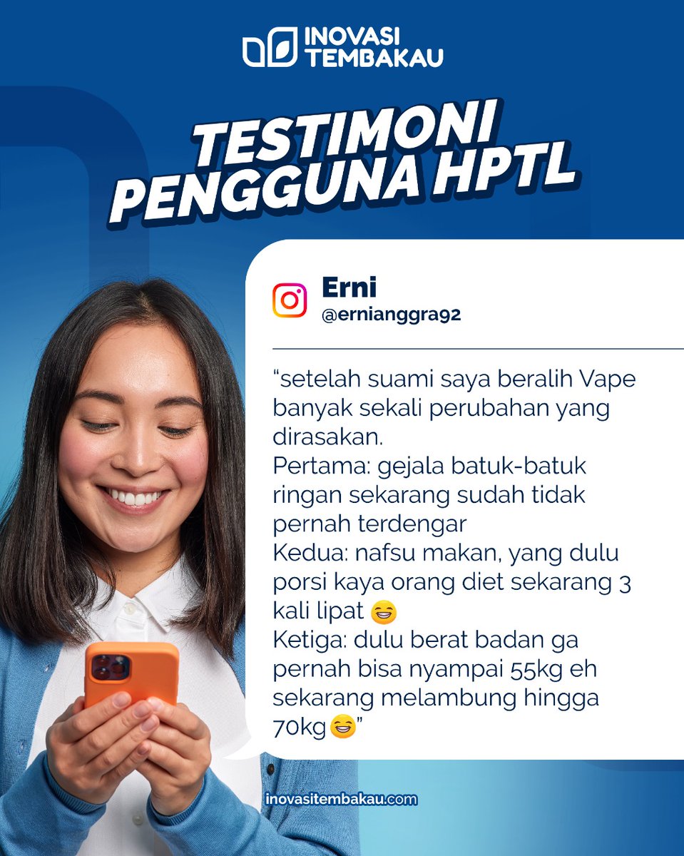 Ini pengakuan Bu Erni tentang cerita suaminya yang jadi makin sehat setelah beralih dari rokok ke vape. Mau cerita kalian dimuat di Inovasi Tembakau? Yuk kirim ke DM kami! 

<a href="/KemenkesRI/">Kementerian Kesehatan RI</a> <a href="/BPOM_RI/">Badan Pengawas Obat dan Makanan Republik Indonesia</a> 

#InovasiTembakau #Vape #Snus #HTP #Kantongnikotin
