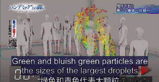 Les plus grosses gouttelettes émises sont en vert et en vert-bleuté. Elles s'évaporent au bout d'une minute.