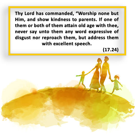 "..And show kindness to  #Parents. If one of them or both of them attain old age with thee, never say unto them any word expressive of disgust nor reproach them, but address them with excellent speech"-  #HolyQuran (17:24,  https://openquran.com/17:24 )(8/n)Image Courtesy:  @islaminind