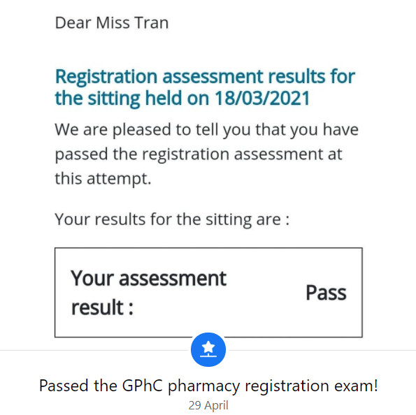tranttgiang's tweet photo. Another milestone on my pharmacist journey 💊
I am happy and humbled to have passed the registration exam and will soon join the pharmacist register!
Thank you for all the support that I have received from family, friends and colleagues ❤ https://t.co/l7yRrpZJFA