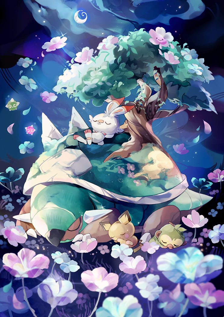 scorbunny pokemon (creature) sleeping flower no humans tree closed eyes night  illustration images