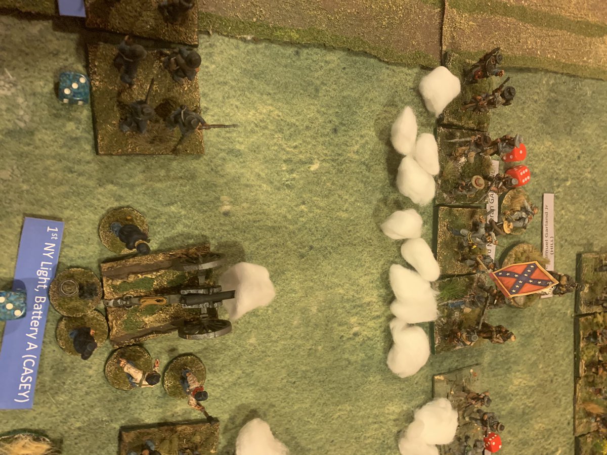 Shockingly good shooting by the NY gunners with their replenished ammo! A horrific blast of canister caused 5(!) casualties in the 23rd NC and the veteran tar heels fail their Elephant test and fall back Whipped, unforming the 2nd FL as they go.  #SevenPines  #ACW