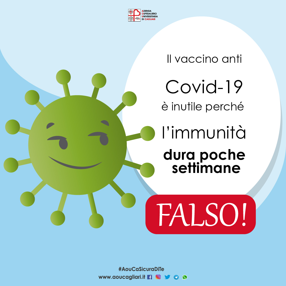 lminerba's tweet photo. Il vaccino è inutile perché l'#immunità dura poche settimane.
➡️ 𝙁𝙖𝙡𝙨𝙤!

✅ I dati provenienti dalle sperimentazioni indicano che i vaccini inducono una #protezione che dura alcuni #mesi.
#AouCaSiCuraDiTe #Bufale #vaccinoanticoronavirus https://t.co/OutCAKingT