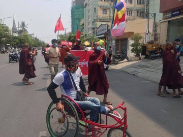 poemamhethar's tweet photo. One active participant in this revolution who always shows his strong will against  injustice despite his disability, also well known as Wheelchair Ko Sai, was arbitrarily abducted today by SAC terrorists in plainclothes. No one is spared.
#WhatsHappeningInMyanmar #May9Coup https://t.co/NctIR5KDFA