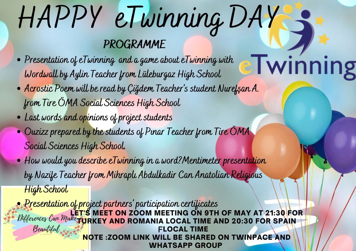 DifferencesMake's tweet photo. This is our online event’s programme to celebrate 9th May eTwinning Day. Let’s join us🥰 Bu akşam 9 Mayıs eTwinning Gününü kutluyoruz. Sizi de aramızda görmem isteriz🤗 #happyetwinningday #etwinning #etwinningproject #differencescanmakebeautiful https://t.co/ORETgnVEfe