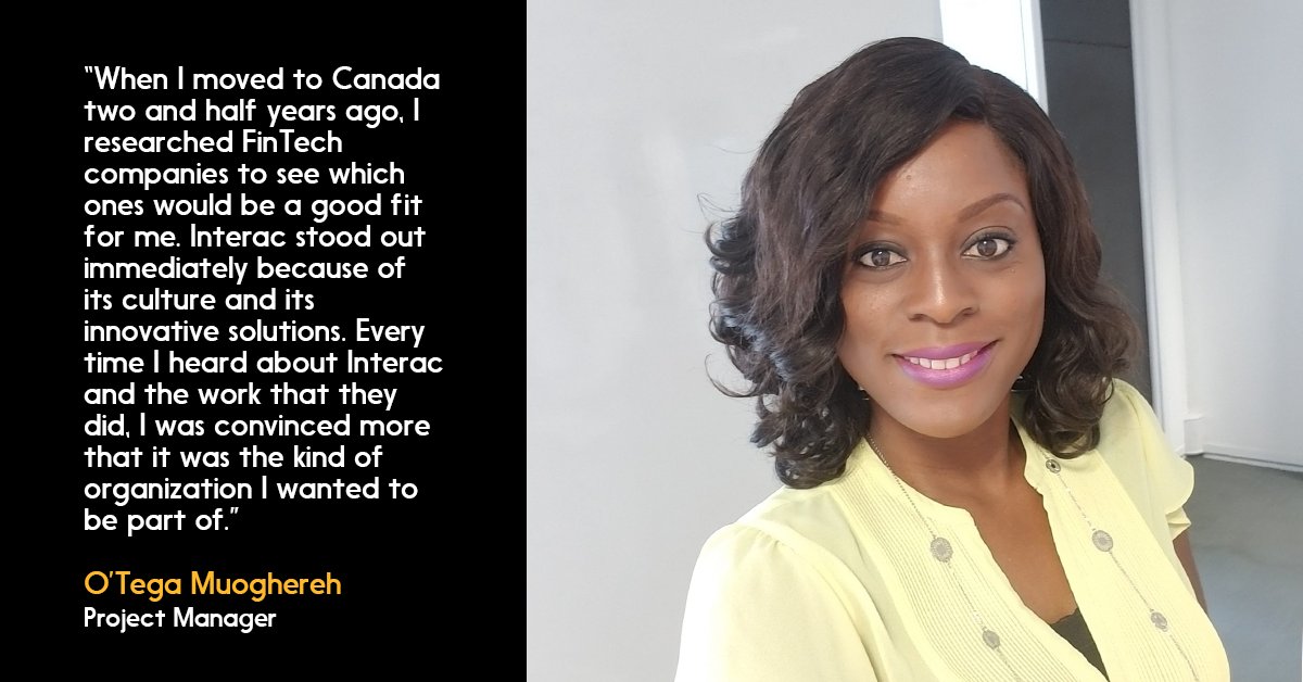 INTERAC's tweet photo. O’Tega Muoghereh is a Project Manager at Interac. She's responsible for collaborating with cross-functional teams to ensure that key programs at Interac are delivered within scope, on time, and within budget. Learn more about O’Tega and #InteracLife: https://t.co/AKAT0pr4S1 https://t.co/pn1fXK3OyD