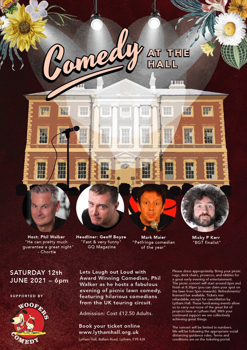 lythamhall's tweet photo. Woofers Comedy Club presents a hilarious early evening of picnic lawn comedy on Saturday 12th June. Starring Phil Walker, Geoff Boyze, Mark Maier and Micky P Kerr. More details and to book tickets - https://t.co/ZAbW1ID8Ey 
@Philwalkercomic https://t.co/xvu5FL42JB