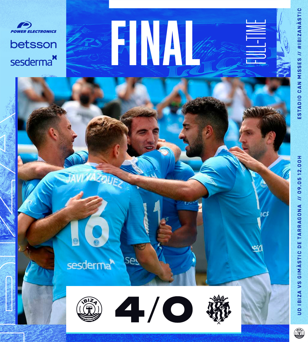 ibizaud's tweet photo. ¡FINAAAAAAL! 👏👏 ¡VICTORIA para despedirnos de Can Misses esta temporada! 
🙌 ¡Vamos, AFICIÓN! 🙌

#Ibiza - @NASTICTARRAGONA (4-0) 
⚽ Davo(26' 53') ⚽ Rodado (84') ⚽ Vázquez (89')

#IbizaNàstic | #VamosIbiza 💙 https://t.co/i2cBKp6jcM