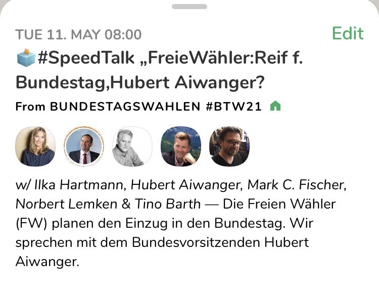 Wir freuen uns auf den #SpeedTalk im #ClubHouse am Dienstag, 11. Mai, um 8:00 Uhr mit dem Bundesvorsitzenden der #FreienWähler @HubertAiwanger . „FreieWähler: Reif für den Bundestag?“ @ilka_hartmann @Mark_C_Fischer @Salesline1 #BTW21