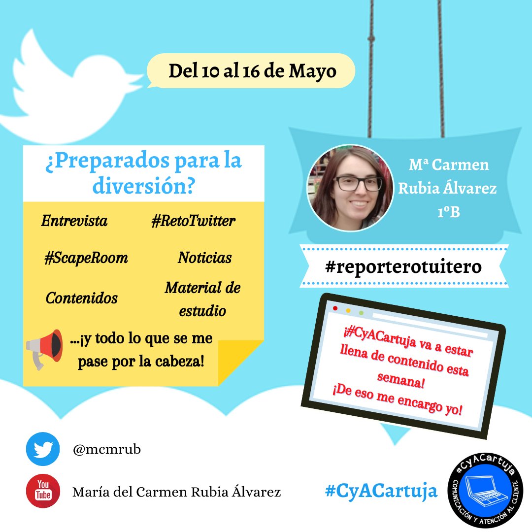 Buenas tardes #CyACartuja😊👋. Soy Mari Carmen, vuestra #reporterotuitero 📢🎙️ de la semana.

Nos espera una semana divertida llena de contenidos originales 😎👍, entre otras sorpresas🎁. 
¡A por ello 💪!

Aquí os dejo mi canva de presentación👇. ¿Qué tal <a href="/Angie_granada1/">Angie Jimenez</a> 🤔?