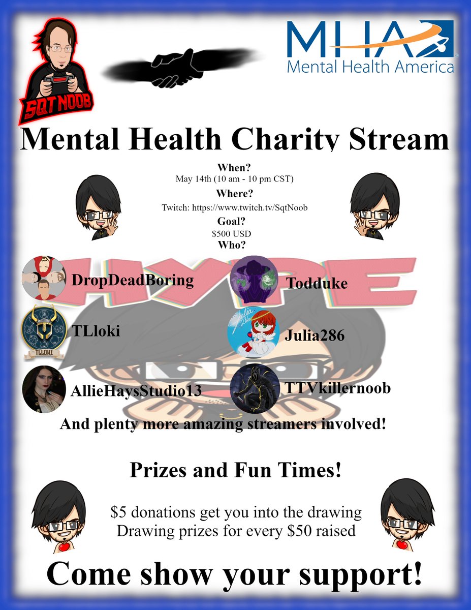 dropdeadboring1's tweet photo. Hey, you there, beautiful person. Have you heard of our great friend @SqtNOOB? No? Well, on the May 14th you should 100% check him out. He's running a stream for @MentalHealthAm. Stop in and show some love!
#twitch #charity #SmallStreamersConnect https://t.co/TfzW6kaZOT