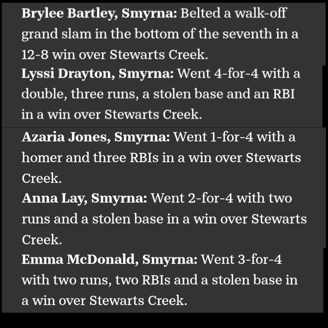What a night. There is no quit in this team! <a href="/BartleyBrylee/">brylee bartley</a> with the WALK-OFF GRAND SLAM!! <a href="/Azariajones7/">Azaria “Z” Jones</a> with the clutch 3 run bomb to keep us in the game. <a href="/lyssidrayton/">alyssia caldwell</a> 4-4 kept us on the bases. Freshman Emma McDonald with a NIGHT! <a href="/SMYRNASOFTBALL/">SHSSOFTBALL</a>