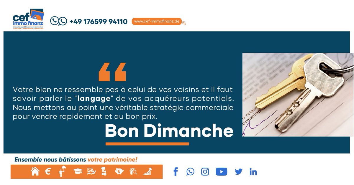 CImmofinanz's tweet photo. 🙂Hello Fam! En #placementimmobiliers🏠, sachez que ce qui importe le plus c'est de savoir parler le #langage🤝 de ses acquéreurs, car votre bien ne ressemblera jamais à celui de vos voisins😌!
Contactez-nous :
📧 info@cef-immofinanz.de
🤳 https://t.co/tZNs1DRcnF
#dimancheparfait https://t.co/twww5ygWb6