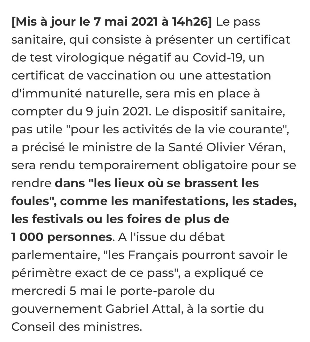 🛑 IMPORTANT 

Pour le #PassdelaHonte n’oubliez pas qu’il n’y a pas que les vaccins ( qui n’empêchent pas du tout d’attraper le virus ) mais vous pouvez juste FOURNIR UN TEST PCR NÉGATIF ou une ATTESTATION D’UNE IMMUNITÉ NATURELLE si vous avez eu le Covid. 

#PassZeroRisque