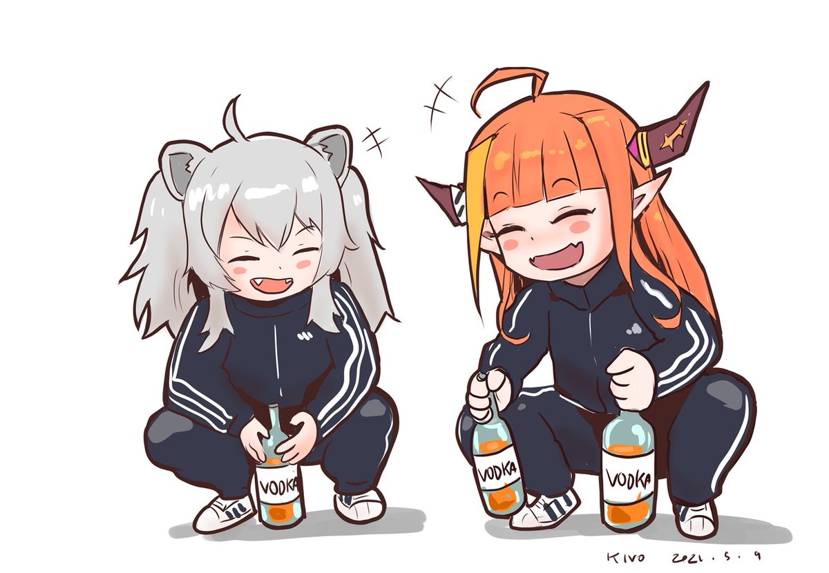 kiryu coco ,shishiro botan adidas multiple girls 2girls animal ears grey hair orange hair horns  illustration images