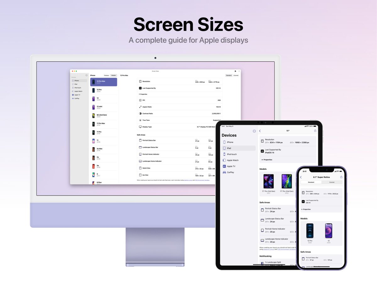 trevormkay's tweet image. Today I'm launching screensizes.app
A complete guide for Apple displays. With information like Display Properties, Safe Areas, Widget sizes, Notch sizes and more. Go ahead and add it to your Dock!