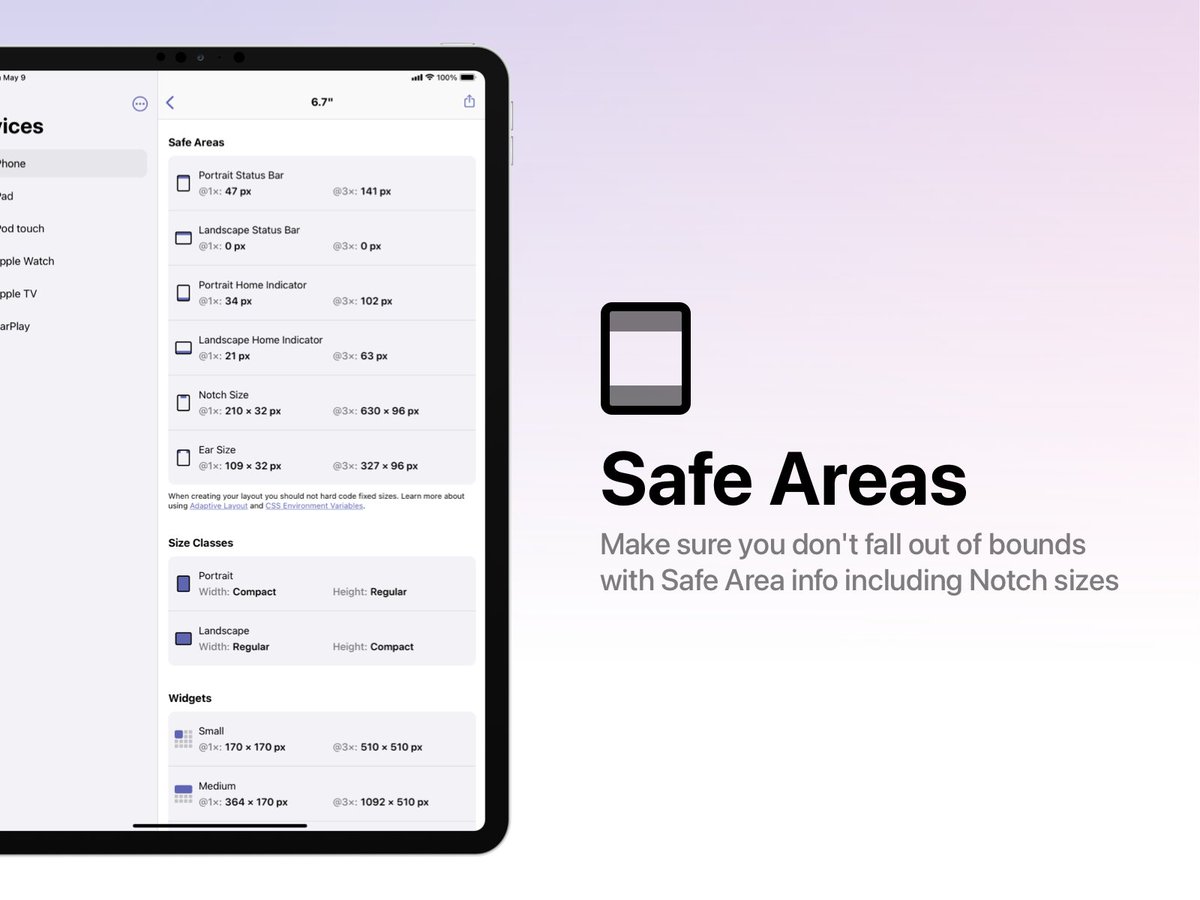 trevormkay's tweet image. Today I'm launching screensizes.app
A complete guide for Apple displays. With information like Display Properties, Safe Areas, Widget sizes, Notch sizes and more. Go ahead and add it to your Dock!