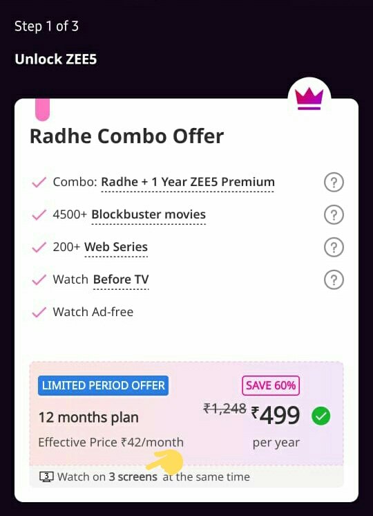  In This Offer You Get Watch  #Radhe One (1) Time and You Get 1 Year Free Subscription of  @ZEE5Premium Once You Start Watching The Movie You've 4 HOURS To Complete It On The  @ZEE5India App, You Can Watch The Movie On 3 Mobiles at a Time, You Just Have To Login Properly (2/n)