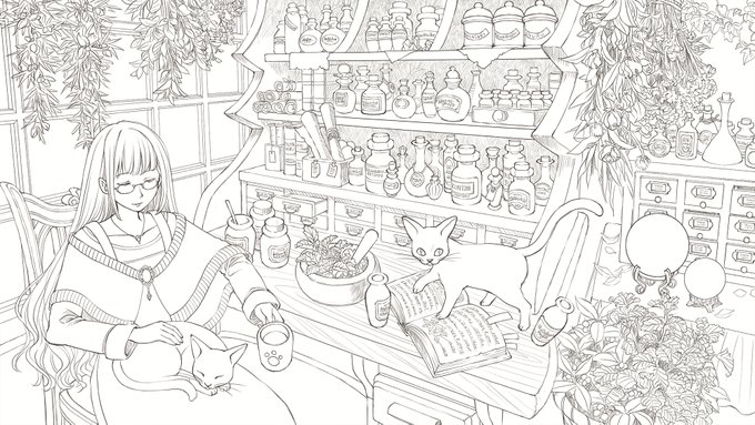 #皆さん線画と塗った後を見せてください
#塗り絵
線画のほうはぬり絵用配布です。ちいさな瓶や水晶などをコツコツ塗ってみるのも楽しいかもしれません。よければ是非! 