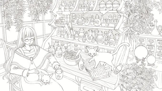 #皆さん線画と塗った後を見せてください
#塗り絵
線画のほうはぬり絵用配布です。ちいさな瓶や水晶などをコツコツ塗ってみるのも楽しいかもしれません。よければ是非! 