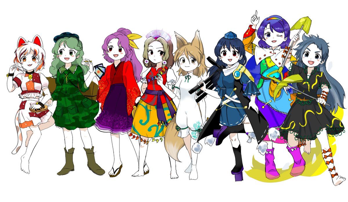 iizunamaru megumu ,kudamaki tsukasa ,tenkyuu chimata multicolored clothes multiple girls animal ears 6+girls maneki-neko cat ears hat  illustration images