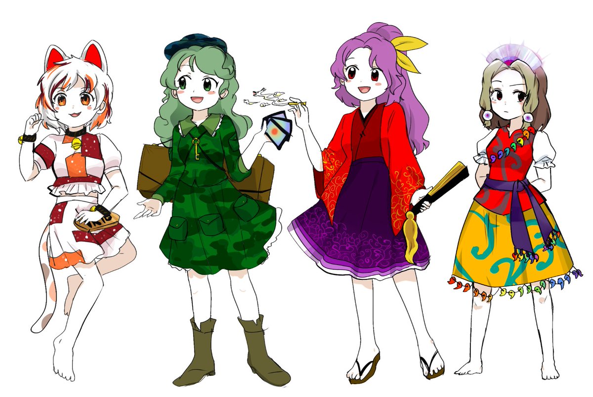 iizunamaru megumu ,kudamaki tsukasa ,tenkyuu chimata multicolored clothes multiple girls animal ears 6+girls maneki-neko cat ears hat  illustration images