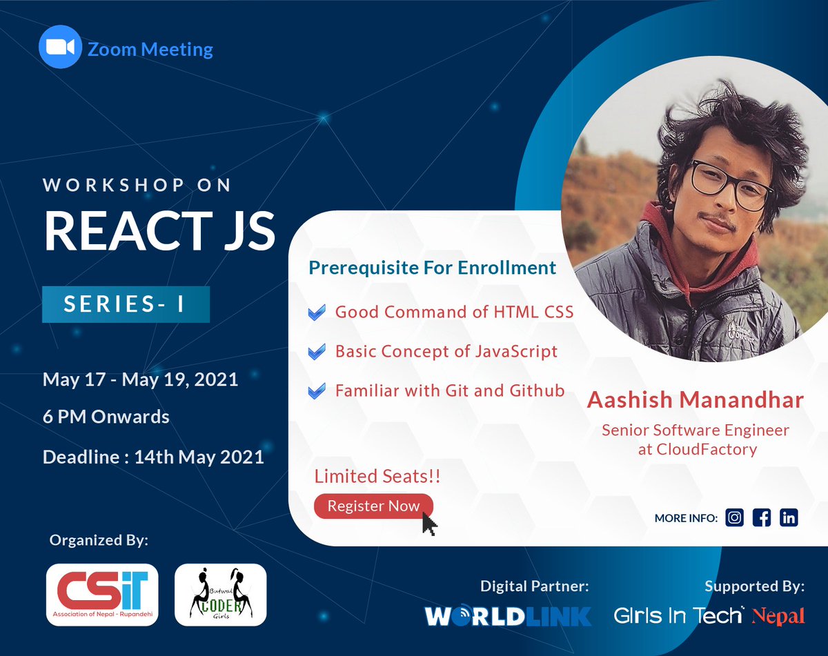 GirlsCoder's tweet image. We are finally starting our drive on virtual training.
We are extremely looking forward to this session.

📅 Date: 17-19 May, 2021 (Series- I)
⏲ Time : 6:00 PM - 7:00 PM
Sign in: forms.gle/jyFJcC53sp84tz…
*Deadline :  14th May 2021.

#bcgirls #girlsintech #csitanrupandehi
#ReactJS