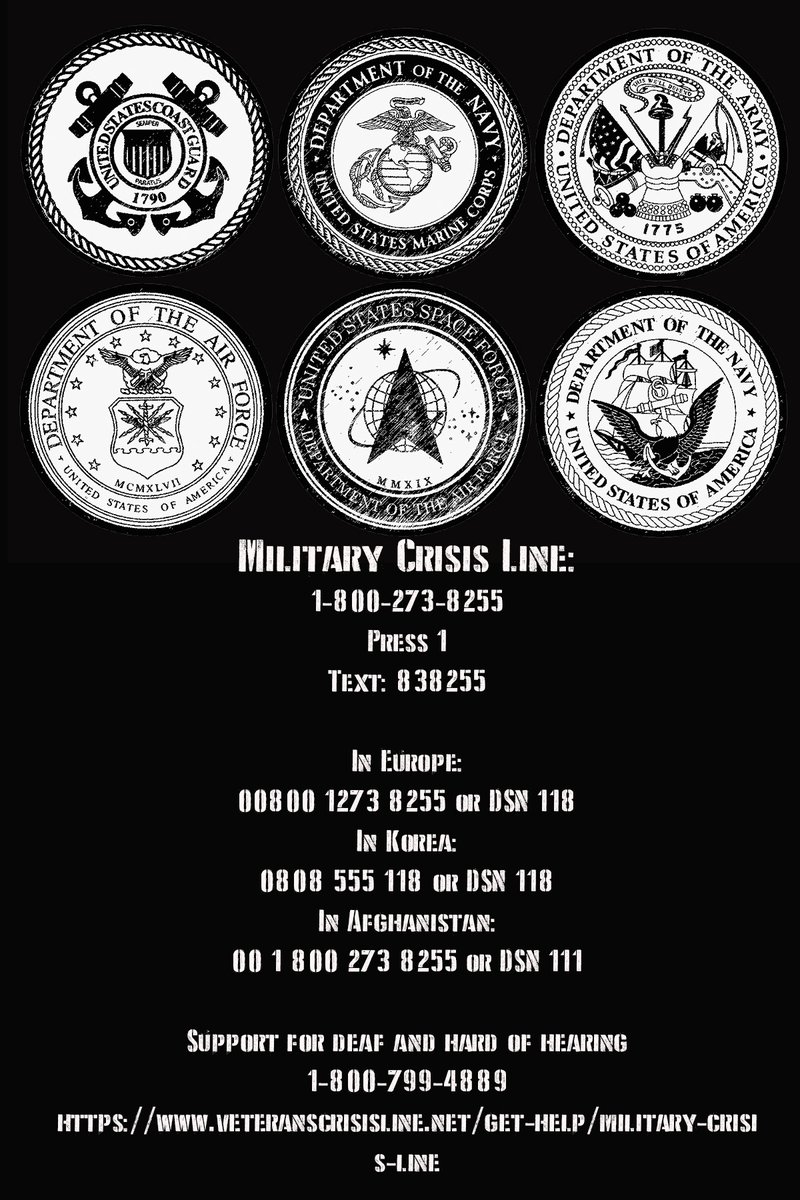 2/ We take care of our own.On average 18 Veterans commit suicide a day, one is too many. It's time to change the stigma. Please reach out for help.Veteran Crisis LineUS 800-273-8255Press 1Text 838255 UK 0800 138 1619Canada 18334564566