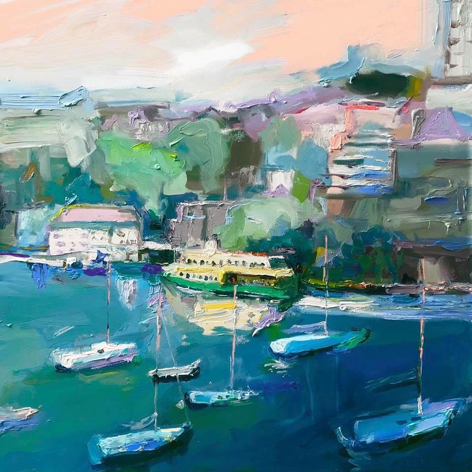 RClaremont's tweet photo. The comings and goings of the boats like little insect trails... “Mosman Ferry”, 85X85cm, oil on linen.

#paintingoftheday #artgallery #abstractexpressionist https://t.co/OCRALhTF8S