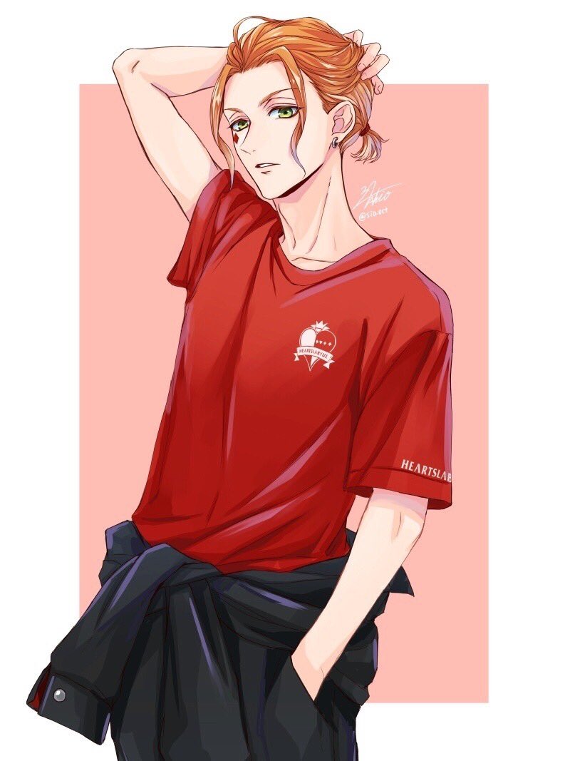 1boy solo male focus green eyes shirt red shirt clothes around waist  illustration images