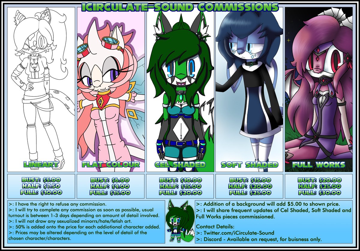 iCirculateSound's tweet photo. Here is my new Commission sheet!
Commissions are open as always.
Dm me via Twitter if interested and for Discord details. https://t.co/Dsv2Zxd1eD