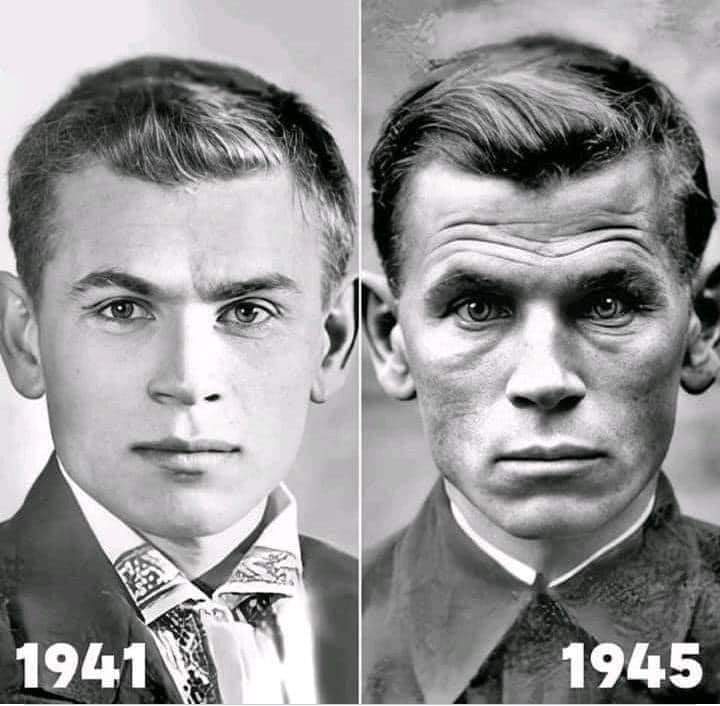 But neither of them ever told any stories, so I suspect that the luck was all my parents' and mine, not theirs. Pictures like this one tell you all you need to know. This is the Soviet painter Mikhail Kobytev before the war, as a schoolboy, and four years later.