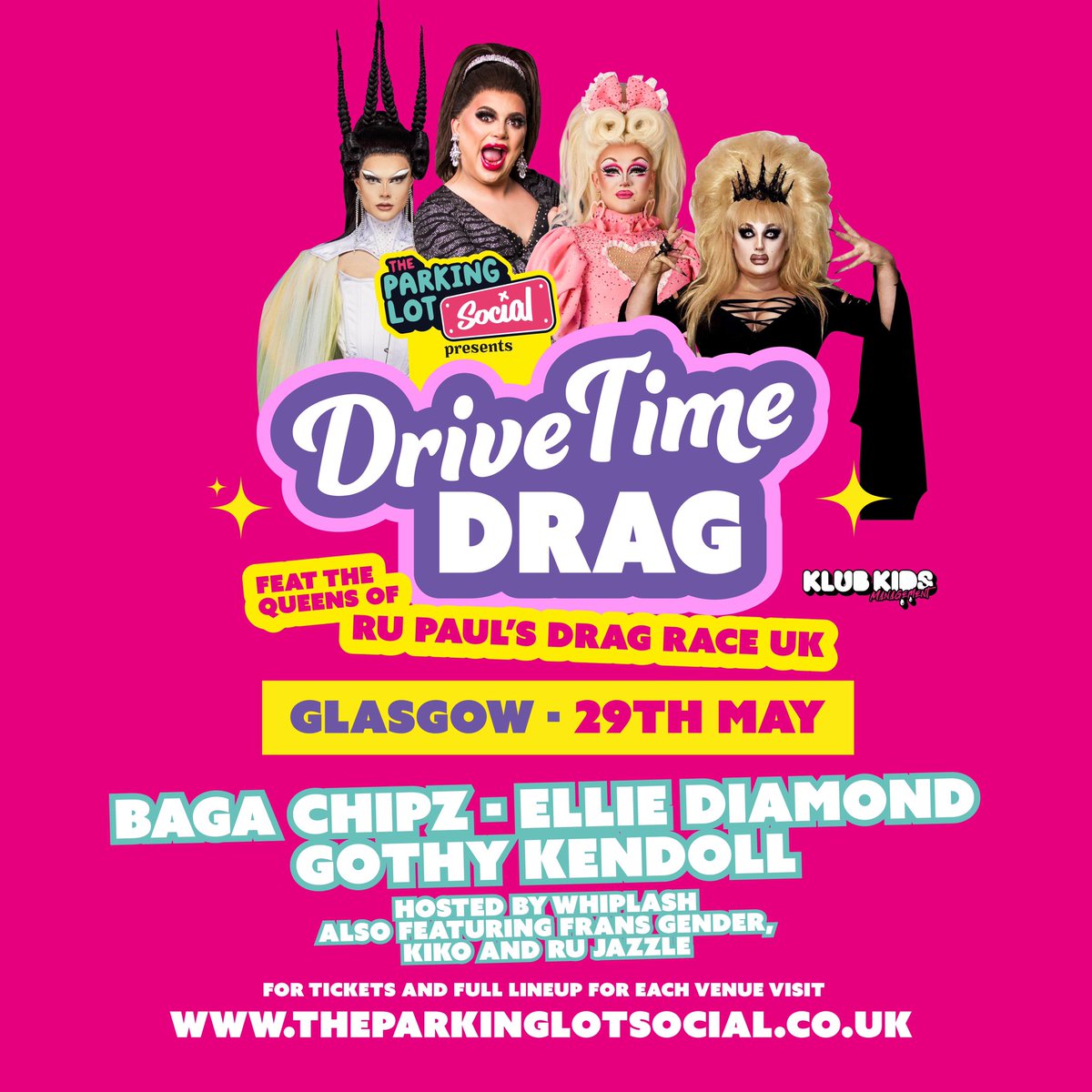 DriveTimeDrag's tweet photo. Glasgow no she betta don’t! We’ll be sailing up the Clyde in a banana boat with your fave @dragraceukbbc queens &amp; fierce local divas 💋

@ChipShopBird @elliediamond101 @gothykendoll #Whiplash @Frans_Gender @KikoDQ @rujazzle #DriveTimeDrag ✨ 

Tickets: https://t.co/l648ZEjWM5 🚘 https://t.co/F8OVFyPjME