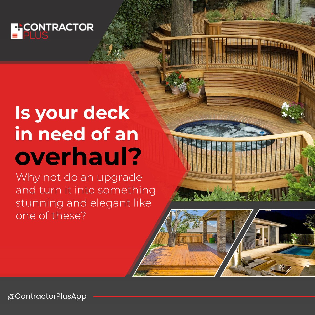 cplusapp's tweet photo. Look through these samples deck designs and start building your own deck design right away!😍

Looking for a licensed Contractor? Visit https://t.co/xGbu73YlRg and hire the BEST contractors near your location and within your budget!✔️

#ContractorPlus #DeckDesigns #Remodeling https://t.co/xIOz5P26nY